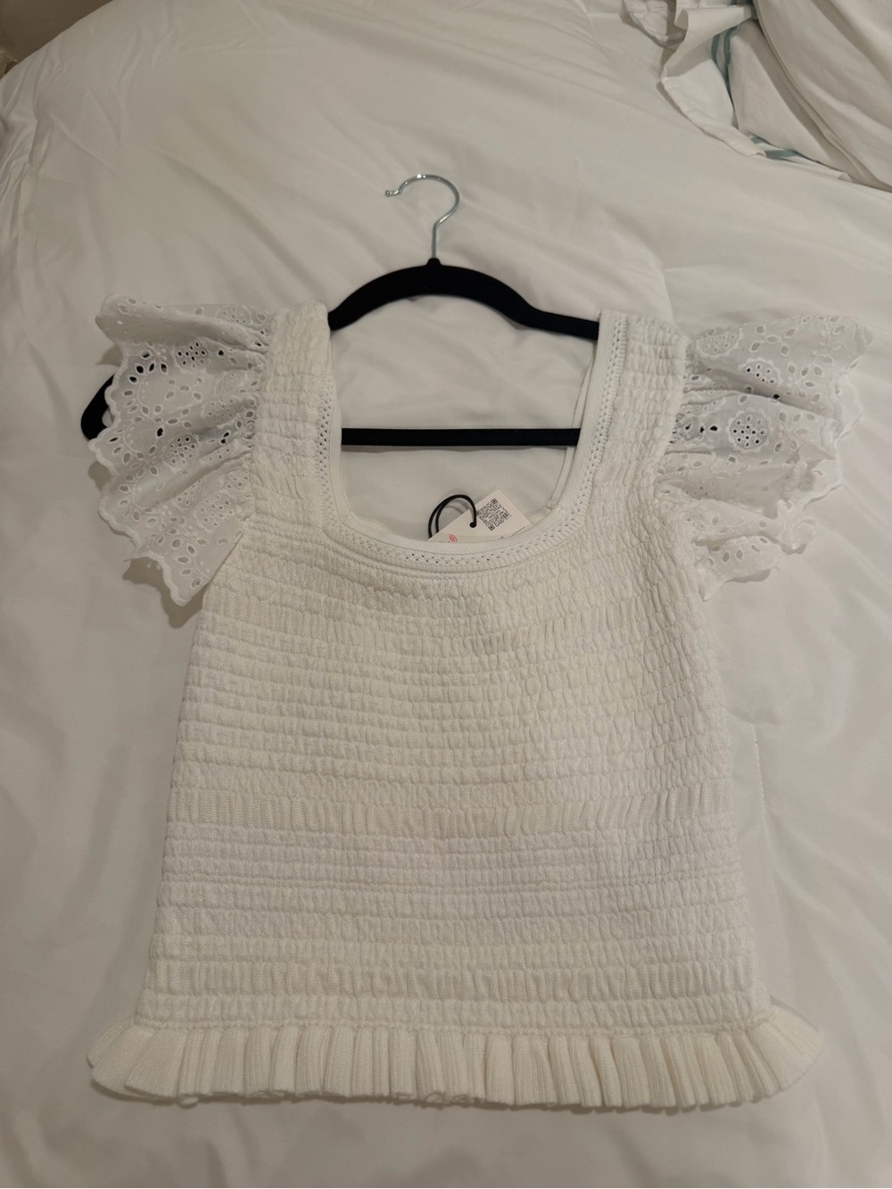 Zara White Smocked Tank with Eyelet Flutter Sleeves